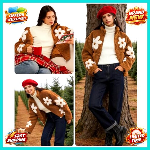 Oversized Sherpa Fleece Jacket Floral Print Zipper Cropped Coat Casual Long - Picture 5 of 7